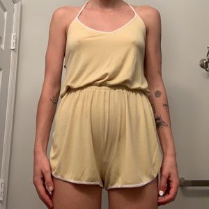 yellow ribbed romper with halter top and tie
